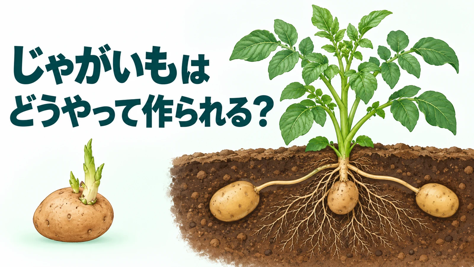 種いもの芽と、地上の葉・地下の新しいいもを描く疑問型編集画