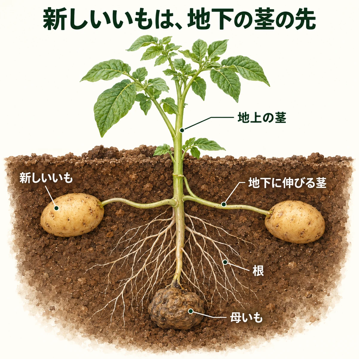 地上の茎、細い根、母いも、地下に横へ伸びる茎と新しいいもを分けた断面図