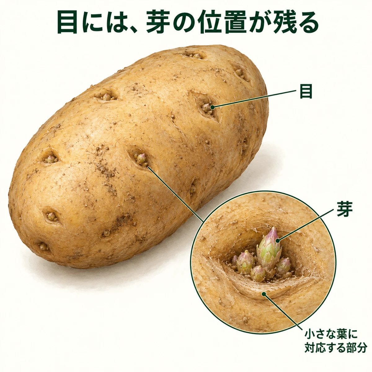 いもの目を拡大し、芽のまとまりと小さな葉に対応する弧状の部分を示す図