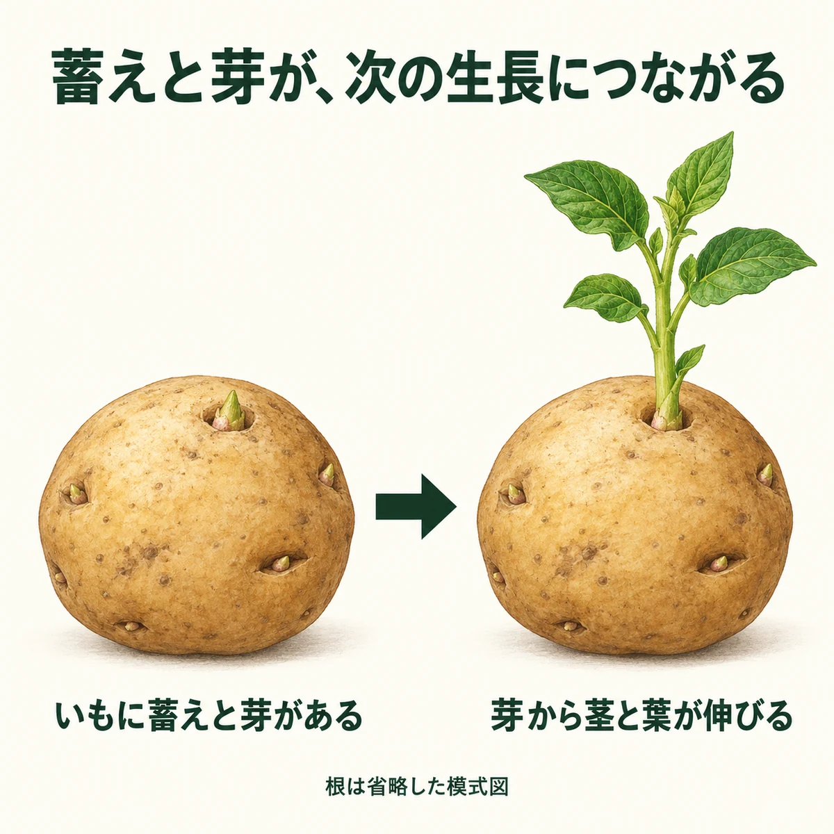 いもにある芽が伸び、新しい茎と葉になることを二つの状態で示す図