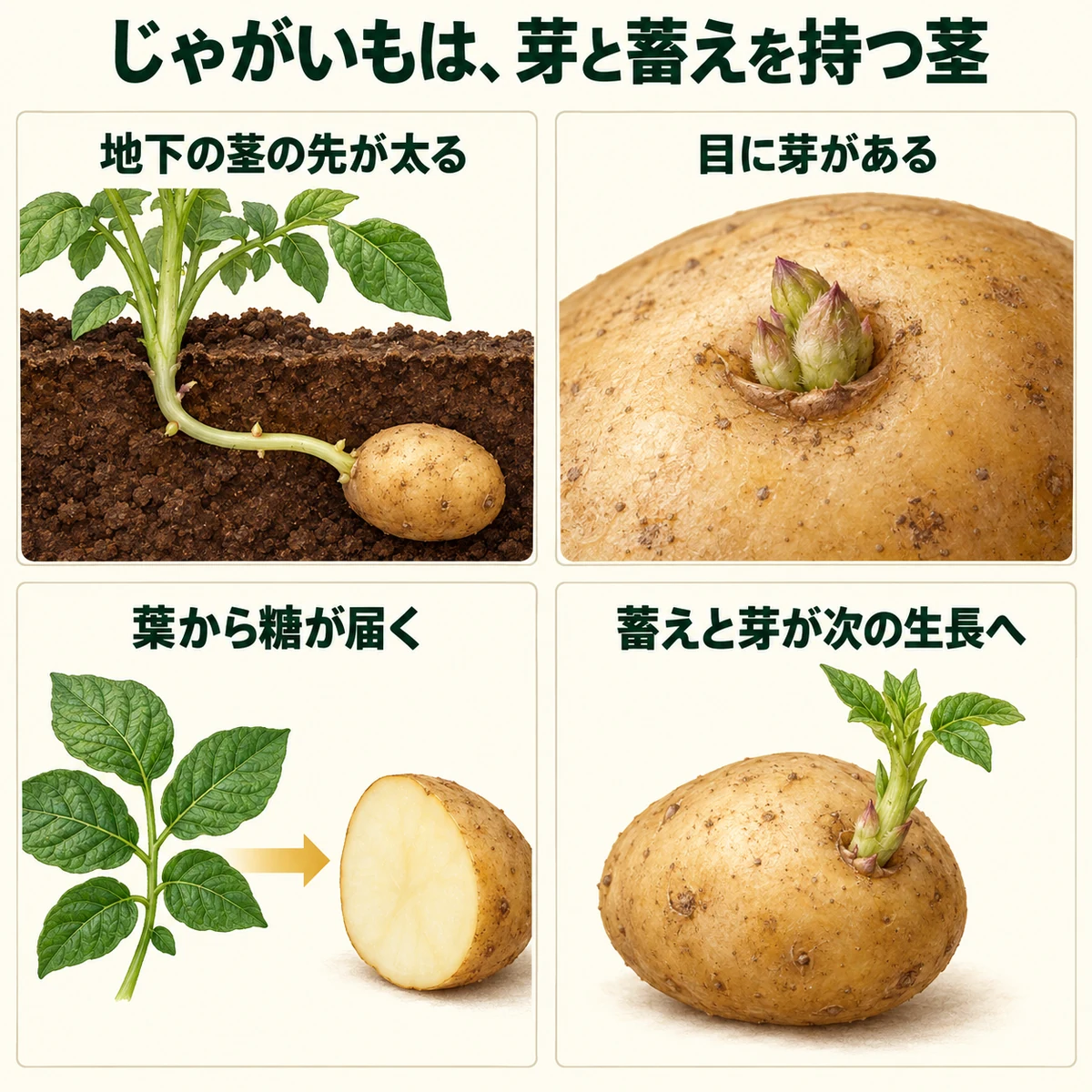 地下の茎先の肥大、目の芽、葉からの糖、蓄えと次の生長を四区画でまとめた図