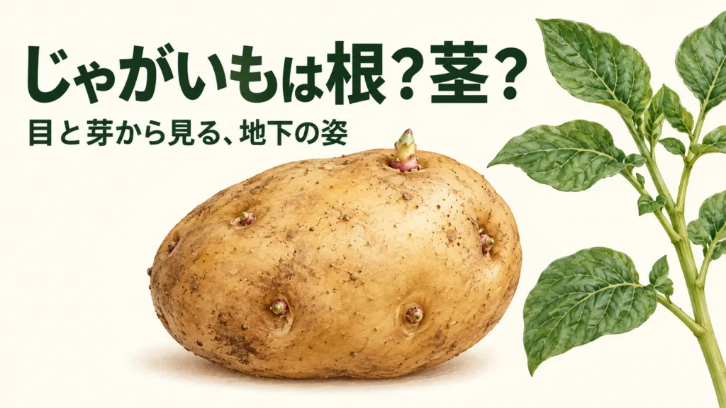 目と短い芽を持つじゃがいもと、葉のある茎を並べた疑問型イメージ