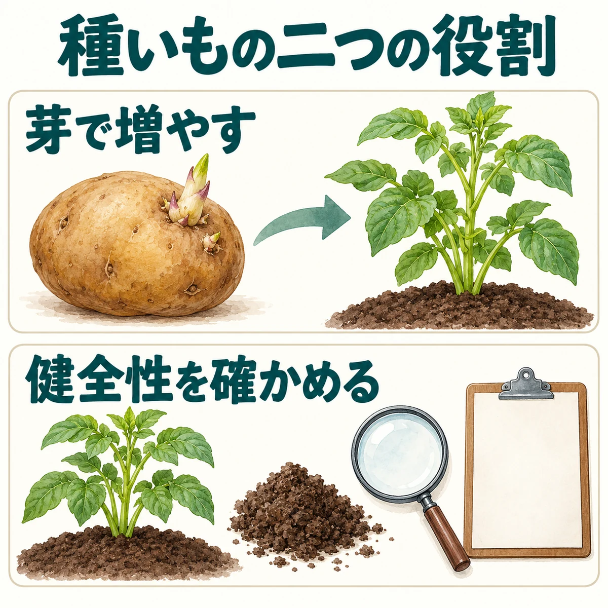 芽で株を増やすことと種いもの健全性を確かめることを二つのカードで示す図