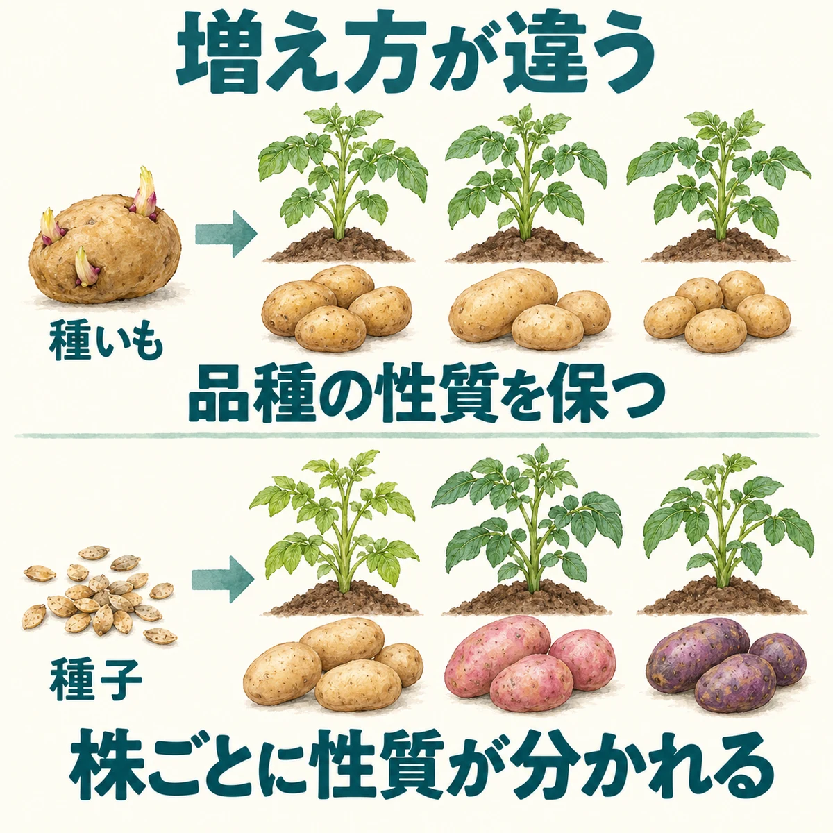 種いもによる繁殖と種子による繁殖で品種の性質の受け継がれ方が異なることを比べる図