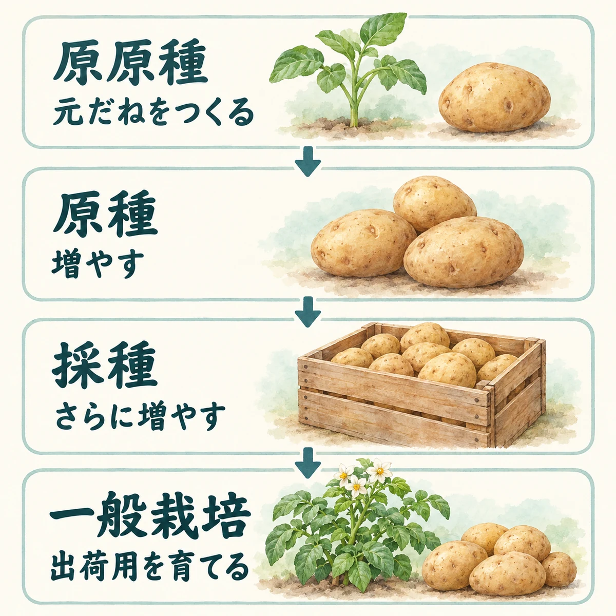 原原種から原種、採種、一般栽培へ材料を増やす段階を示す図