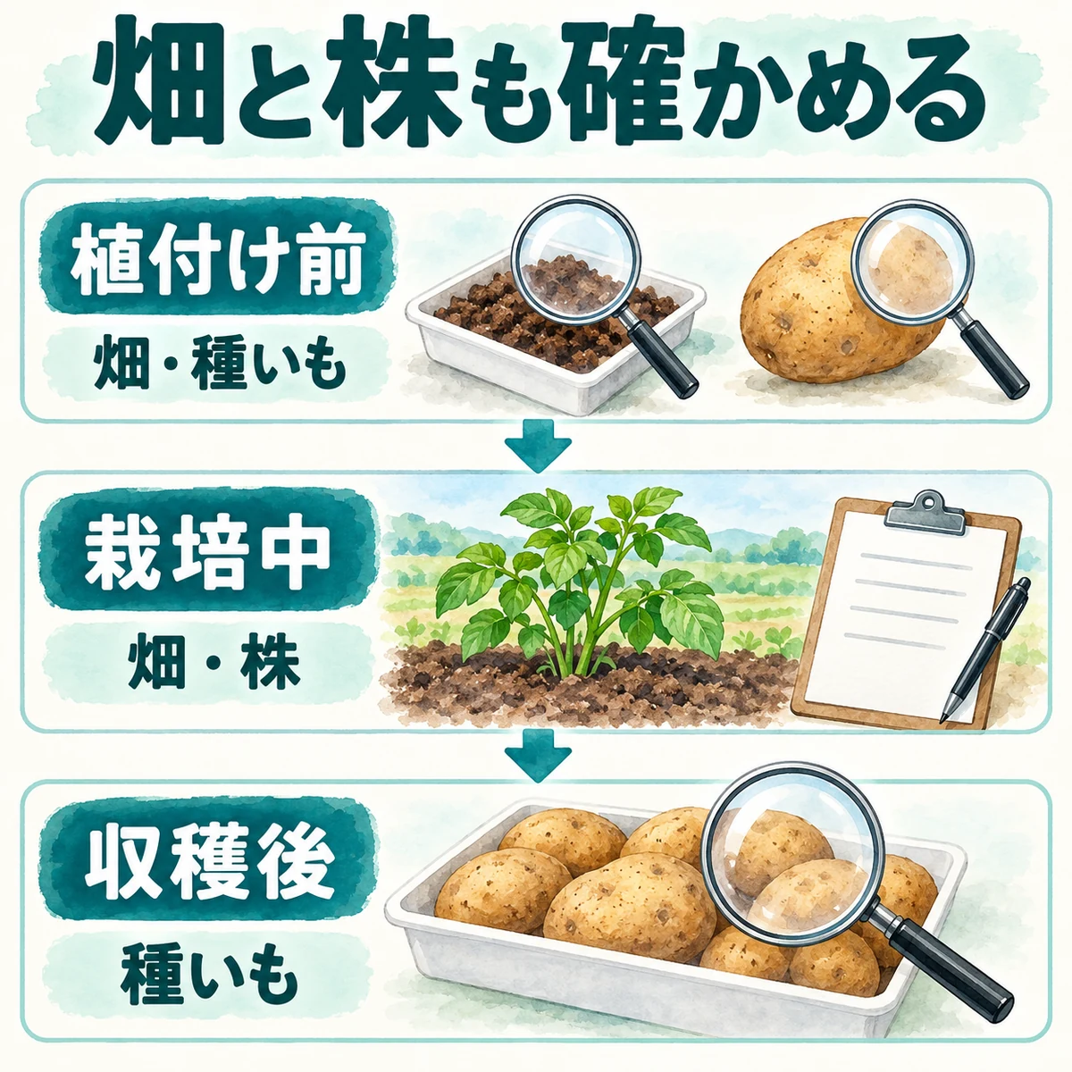 植付け前の畑と種いも、栽培中の畑と株、収穫後の種いもという検査対象の図