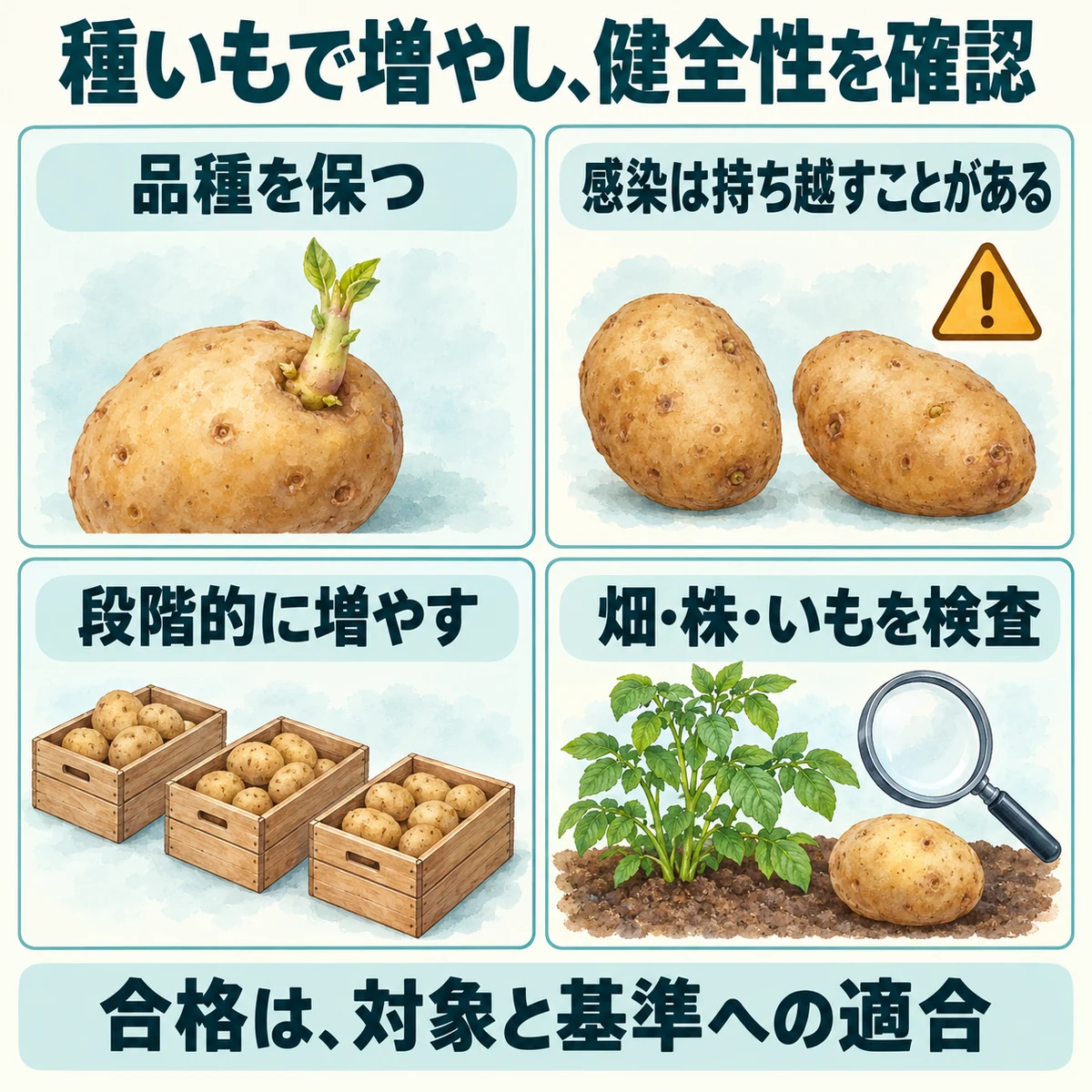 品種を保つこと、感染を持ち越す可能性、段階的な増殖、検査の範囲を四区画でまとめた図