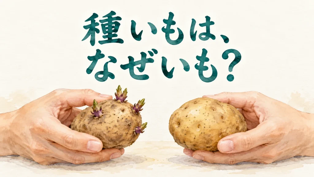 芽のあるじゃがいもと芽のないじゃがいもを手に持ち、種いもの意味を問うイメージ