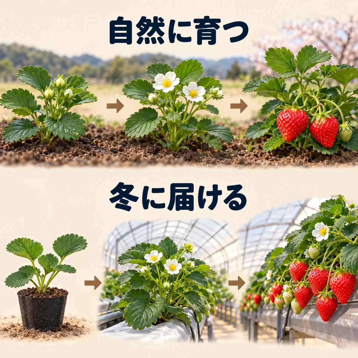 自然条件では花芽から花と実へ進み、促成栽培では苗の準備後にハウスで花と実を育てる二つの流れ