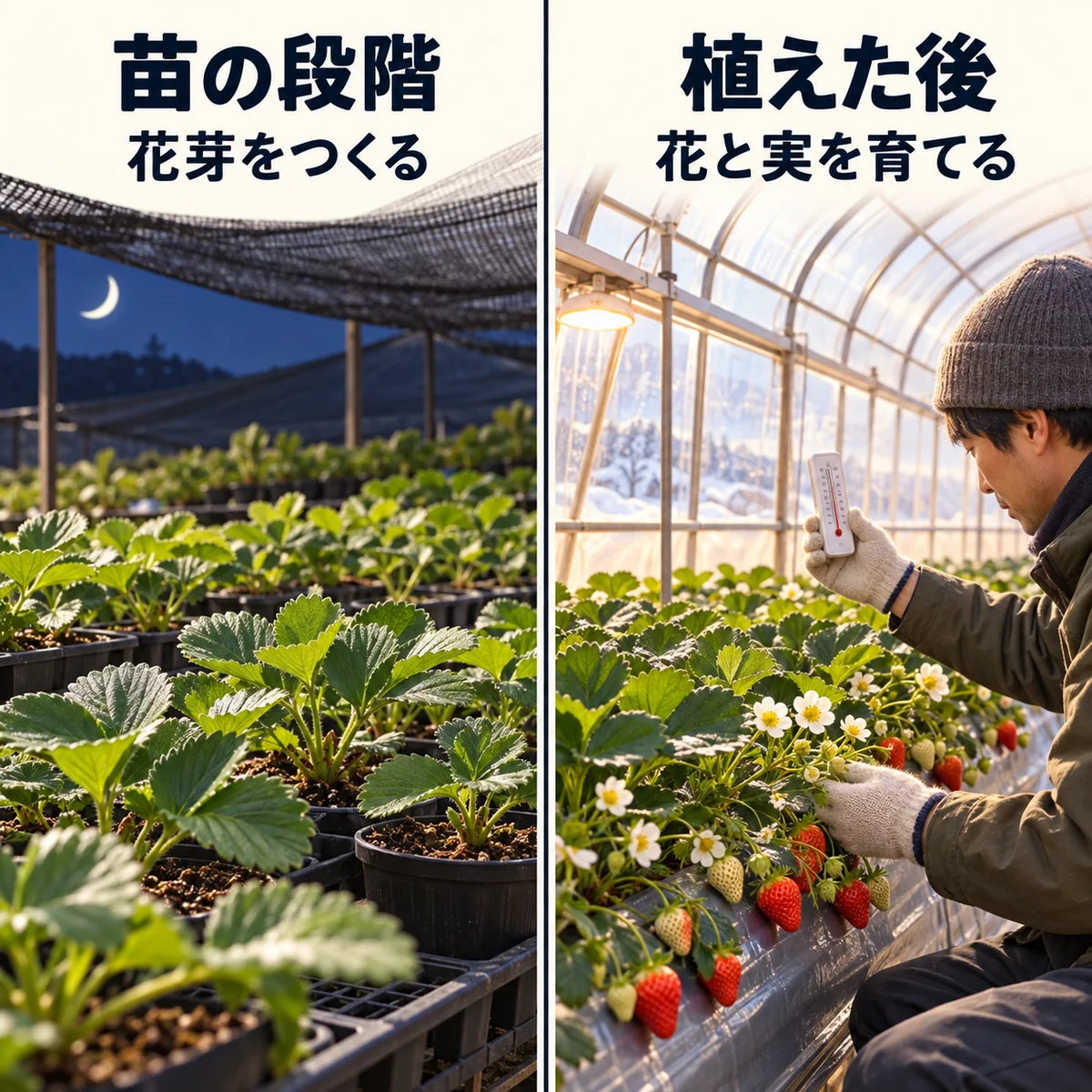 苗の段階では花芽を促し、植えた後は花と実を育てる二段階の役割を比較した図