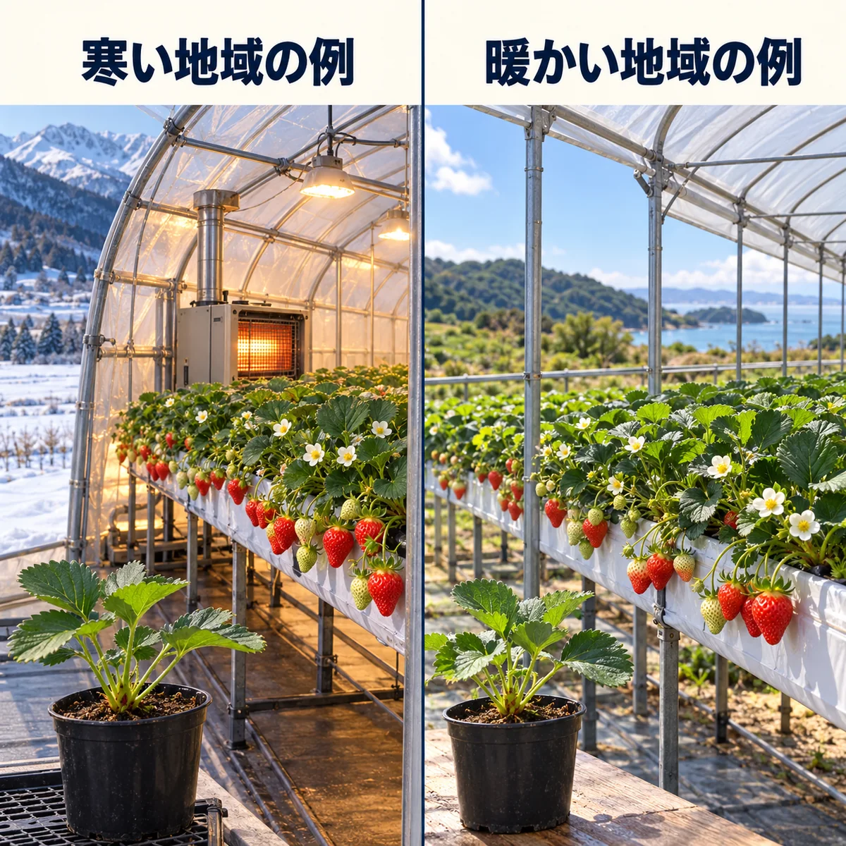 寒い地域での加温・電照の例と、暖かい地域での簡易雨よけハウスの例を比較した図