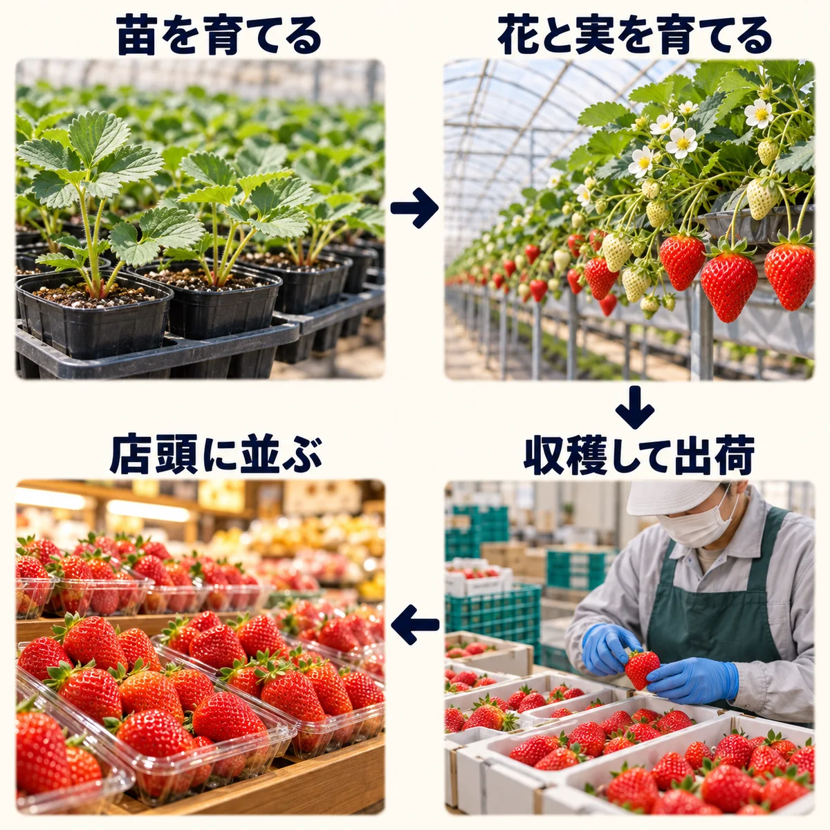 苗づくり、花と実の生育、収穫と出荷、店頭の順を示す図