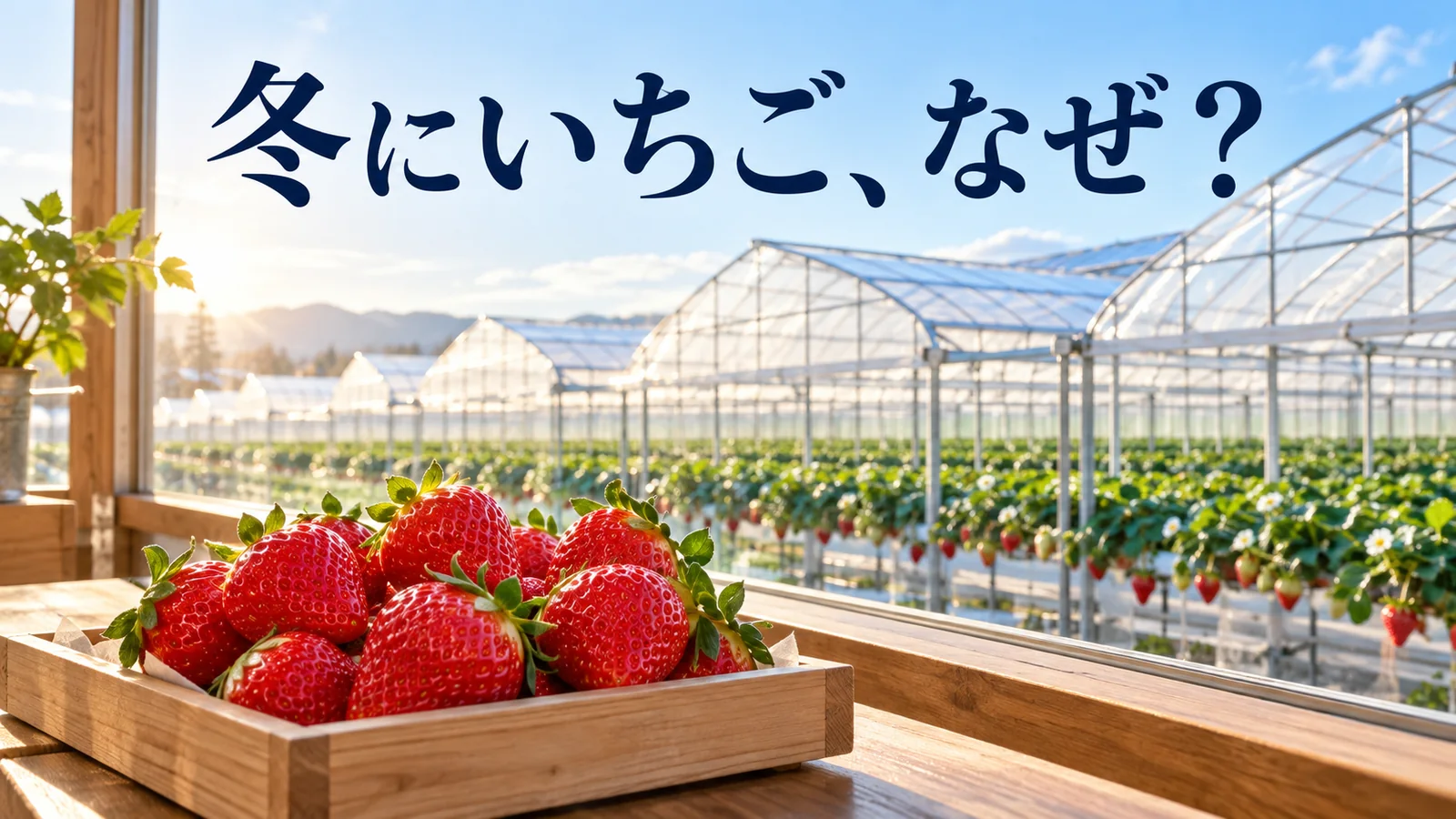 冬のいちごの疑問を示す、売り場のいちごと栽培ハウスのイメージ