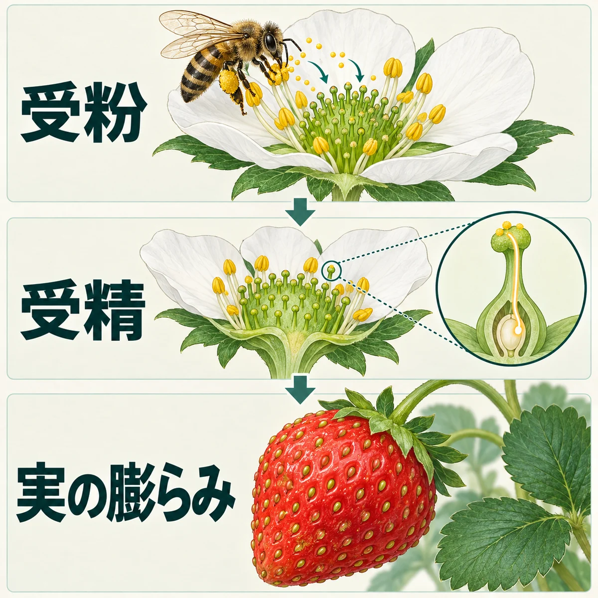 ミツバチが花粉を運ぶ受粉、花の内部の受精、その後のいちごの膨らみを上から順に示す図