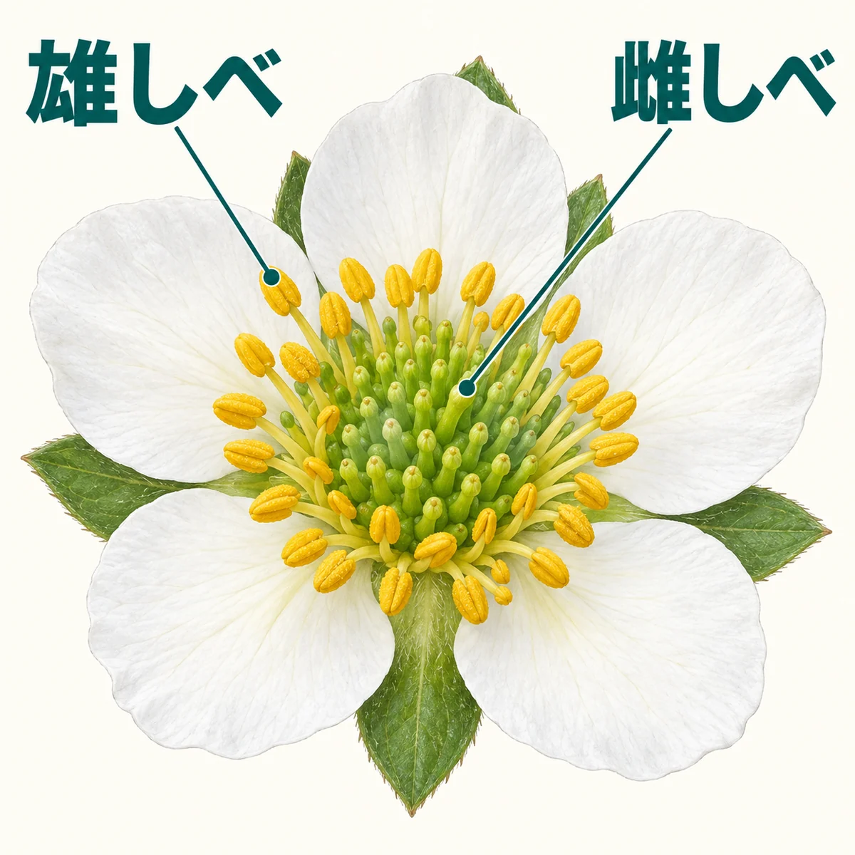 いちごの白い花を上から見て、周囲の黄色い雄しべと中央に集まる多くの緑の雌しべへ指示線を引いた図