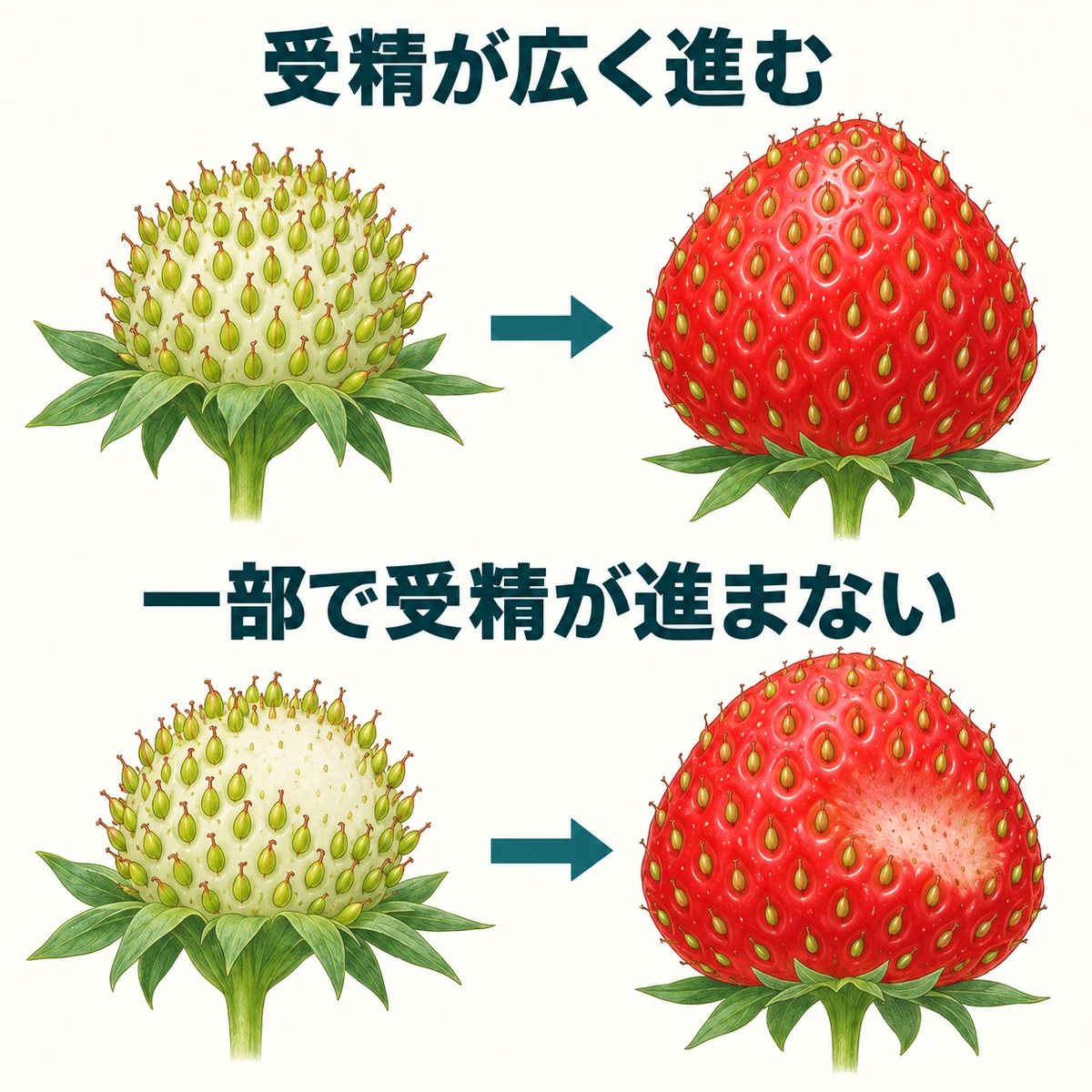 受精が広く進む例と一部で進まない例を上下に並べ、後者では花托の一部が十分に膨らまない様子を示す図