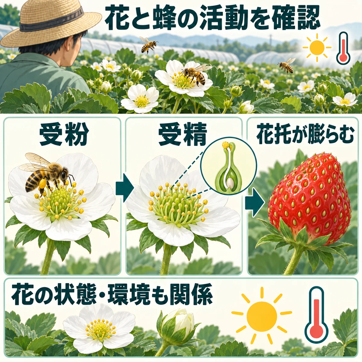 生産者が花と蜂の活動を確認し、受粉から受精、花托の膨らみへ進む流れと、花の状態や環境も関係する条件を示す図