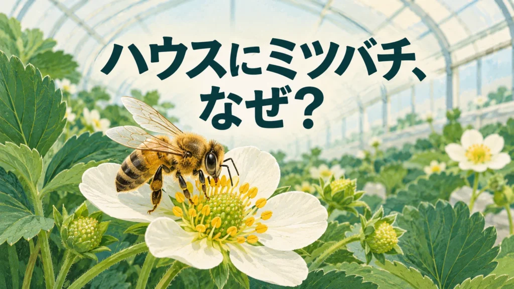ハウスの白いいちごの花を訪れるミツバチと、ハウスにミツバチがいる理由を問う文字