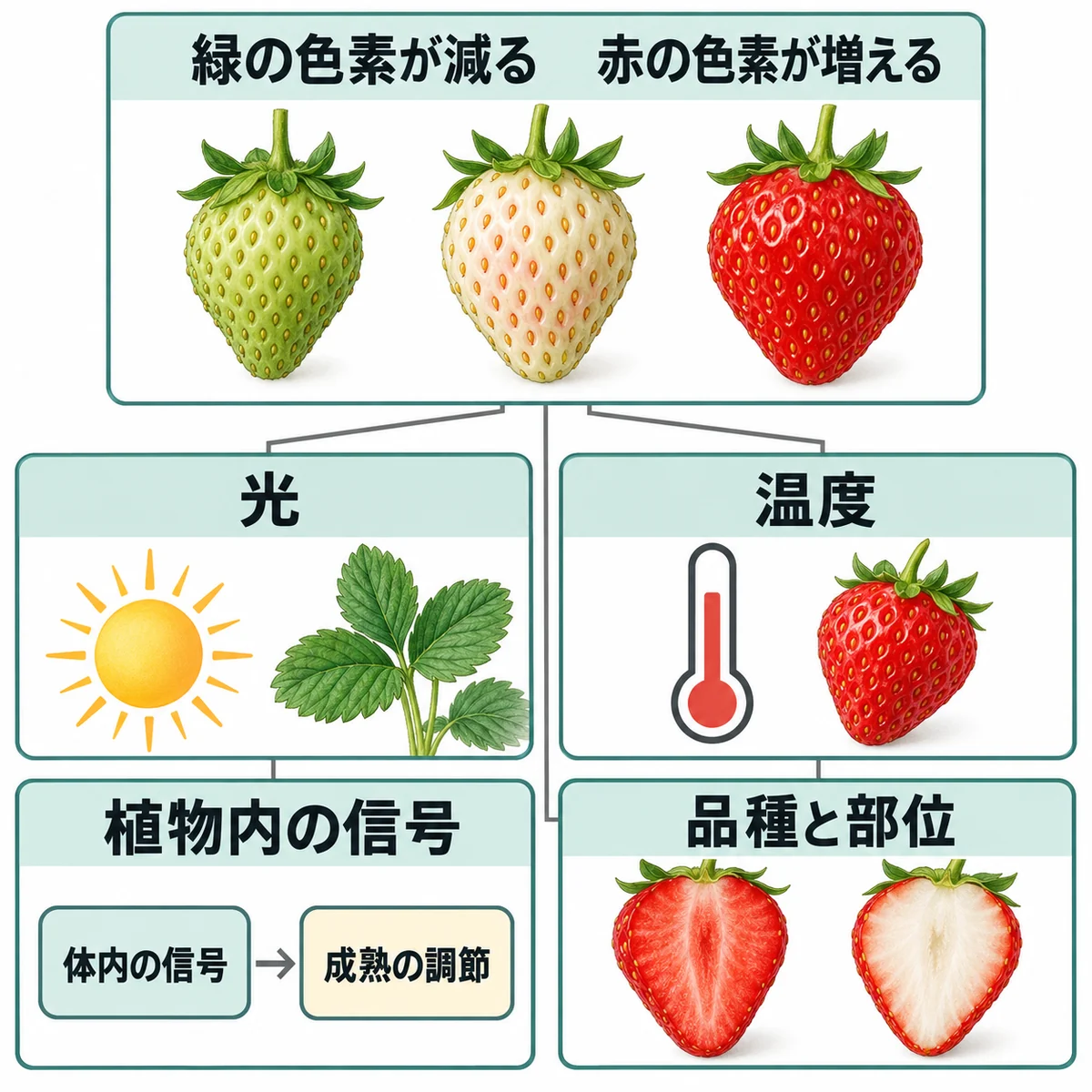 緑と赤の色素の変化に、光、温度、植物内の信号、品種と部位の条件を結び、赤い表面と異なる果肉色を示す図