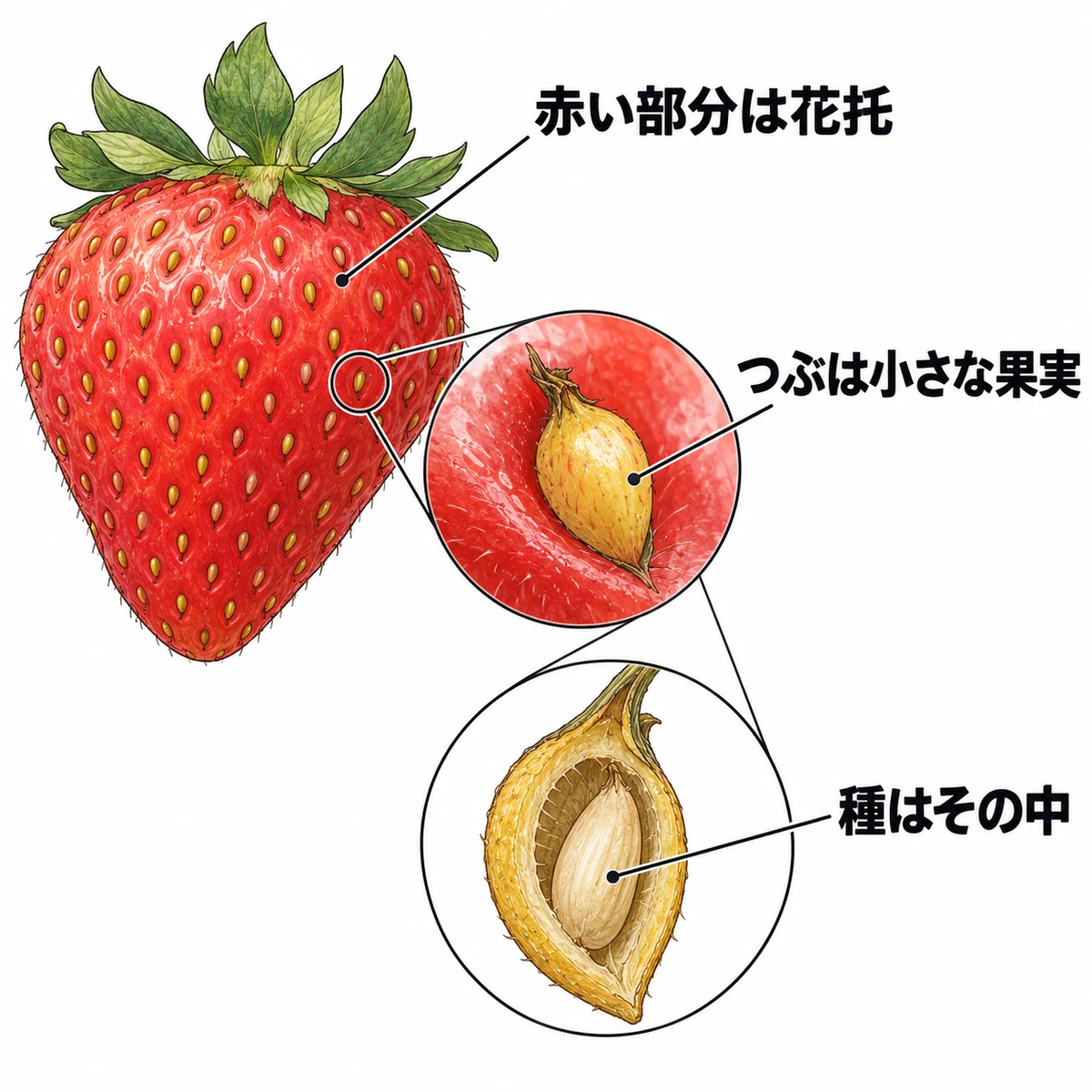 いちご全体から表面の小さな果実を拡大し、その内側の種を断面で示す図