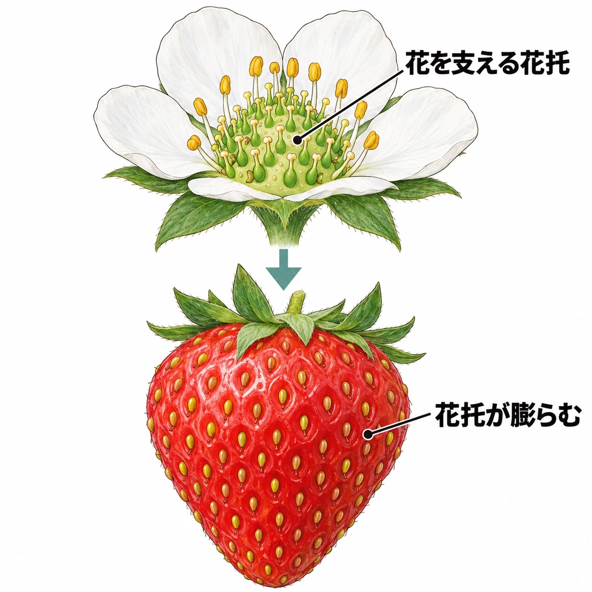 多くの雌しべがある花の土台と、成熟したいちごの赤い部分の対応を示す図