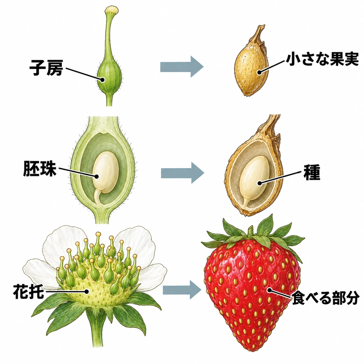 子房から小果実、内部の胚珠から種、花托から食べる部分へと、三つの対応を並列で示す図