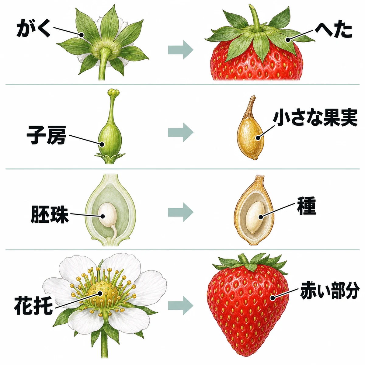 がくからへた、子房から小果実、胚珠から種、花托から赤い部分の四つの対応を示す図