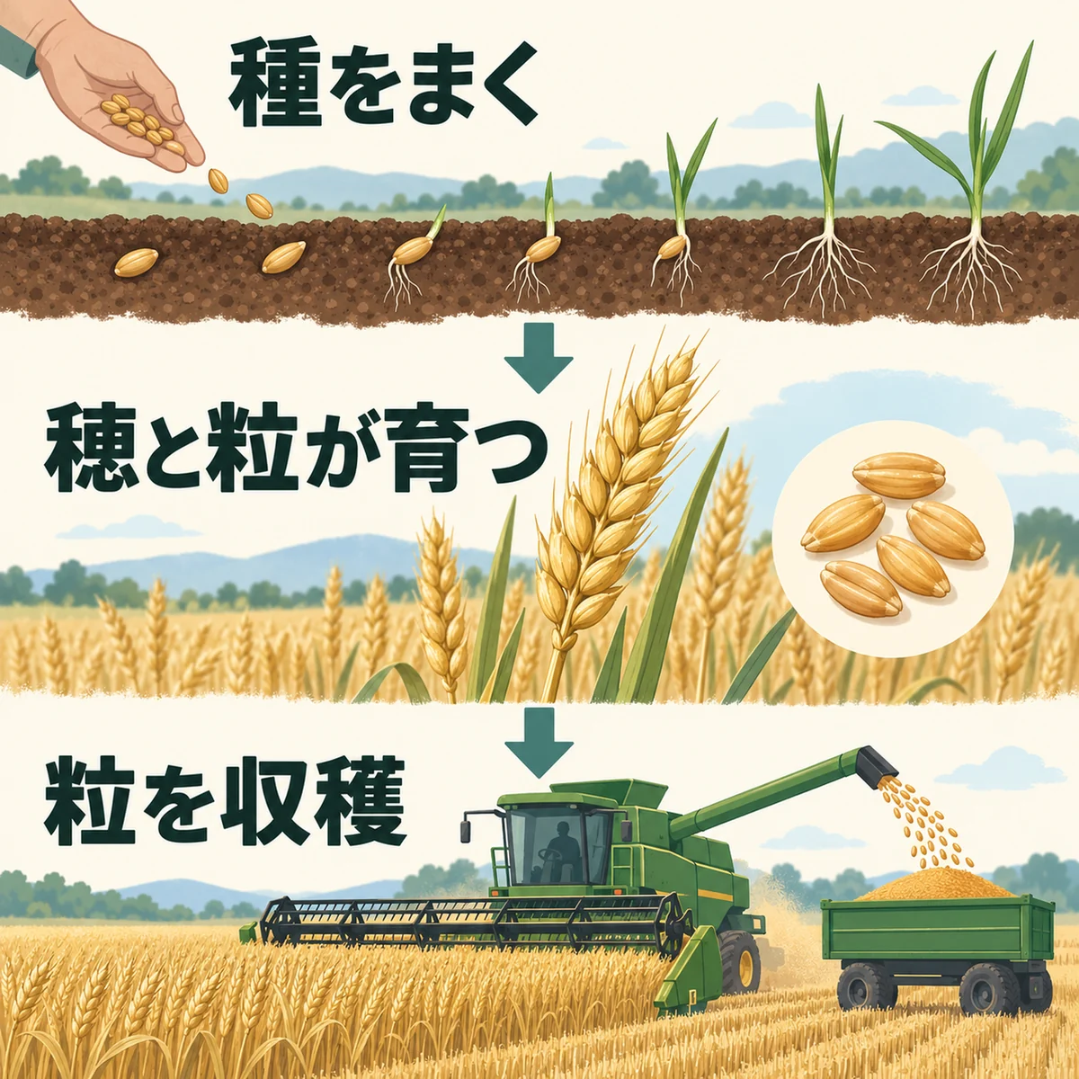 種まきと出芽、穂と粒の生育、コンバインで粒を収穫する三場面の図