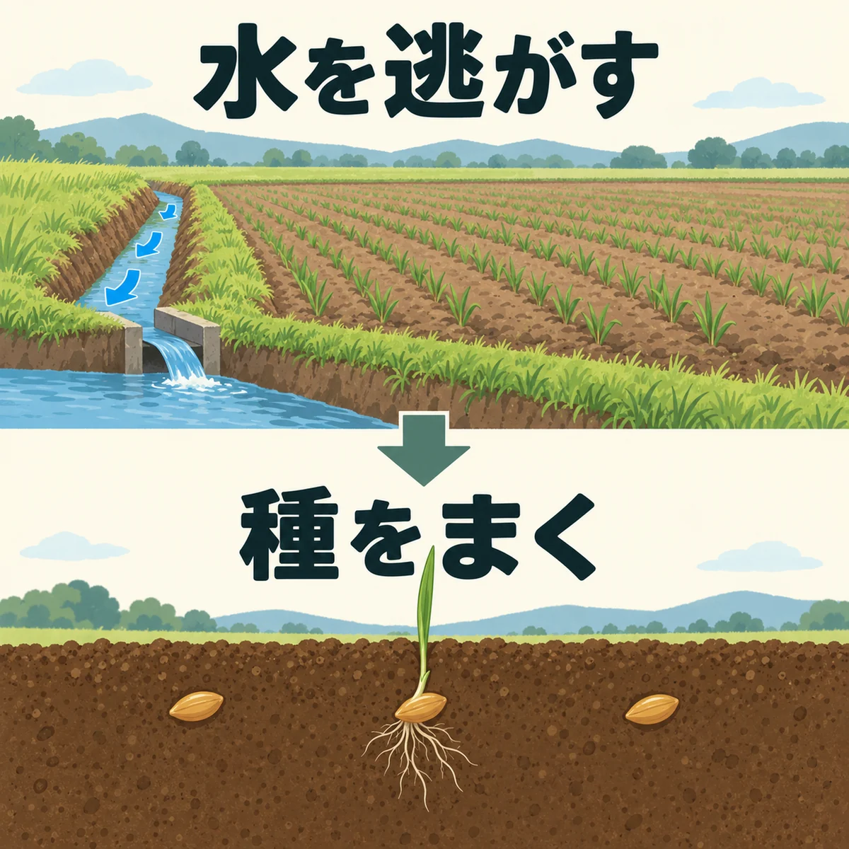 排水溝から水が外へ流れる場面と、土に覆われた種から芽と根が伸びる断面図