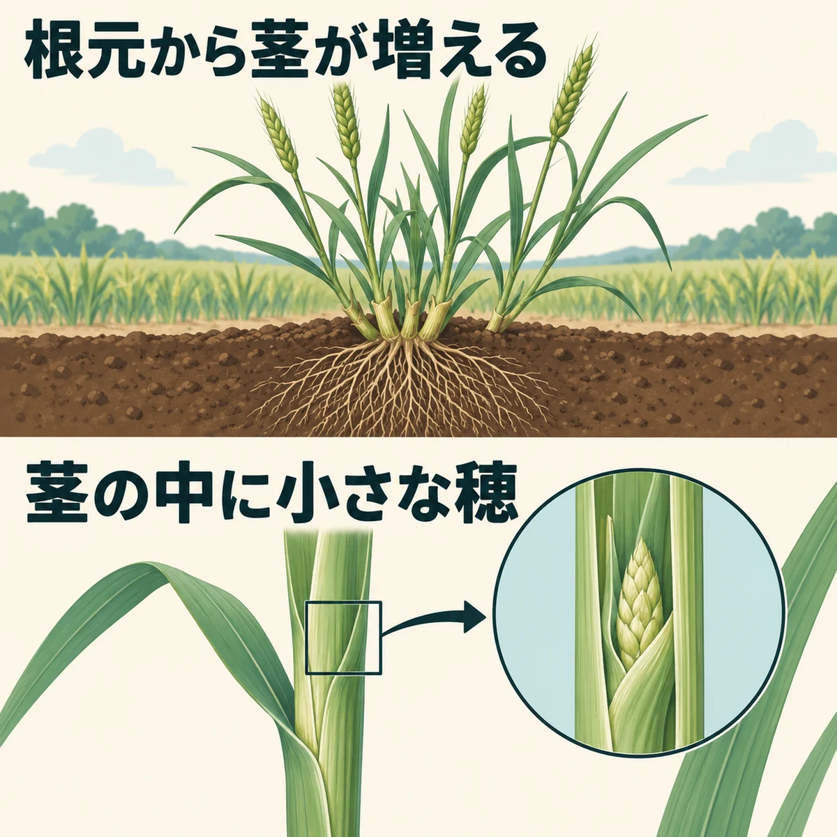 同じ根元から増えた茎と、地上の茎の中の小さな穂を別々に示した図
