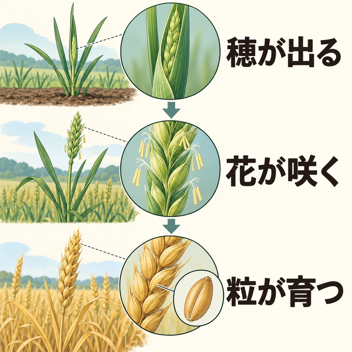 葉鞘から穂が出る姿、小さな花と葯、粒が充実した穂を順に示す図