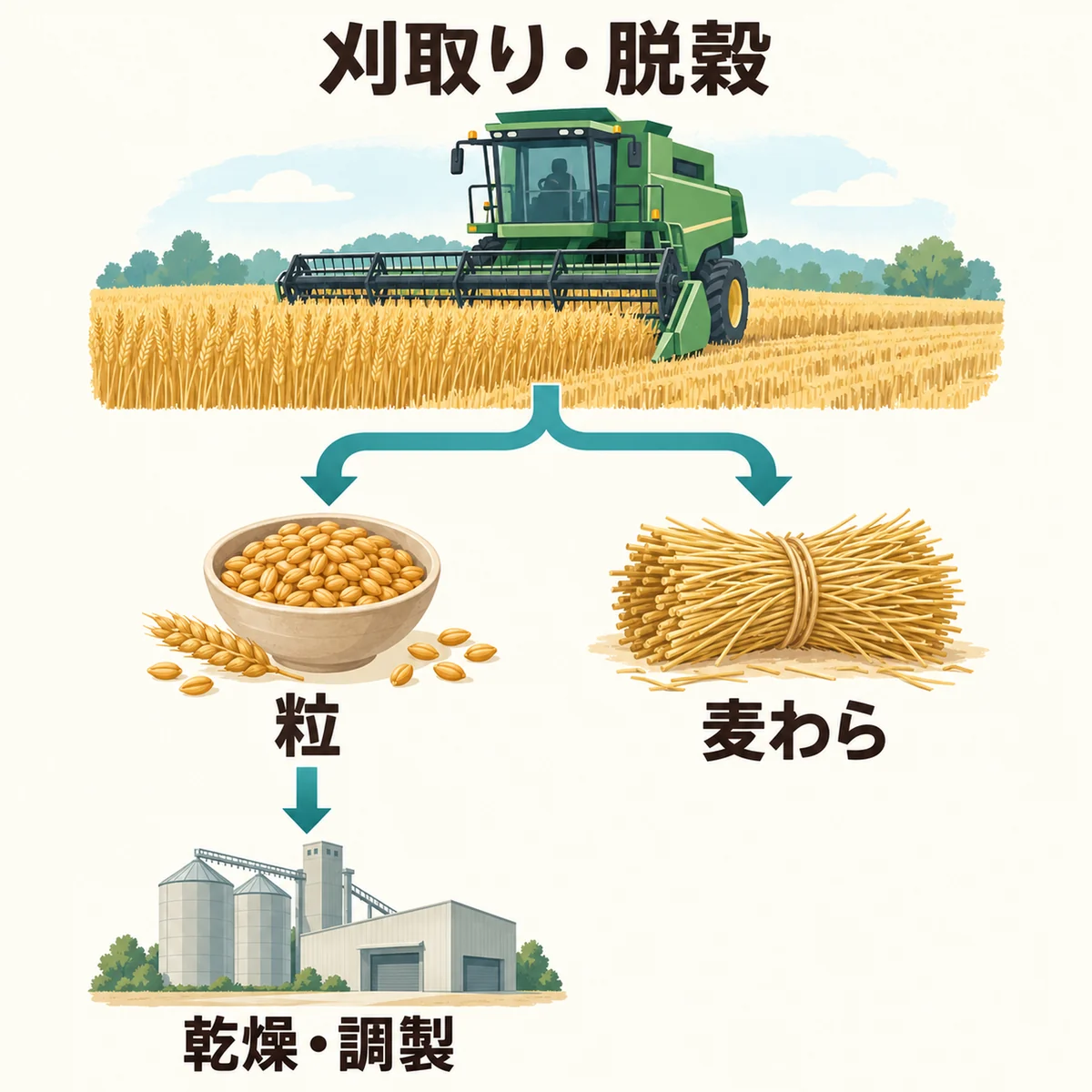 コンバインから粒と麦わらへ概念的に分岐し、粒だけが乾燥調製施設へ進む図