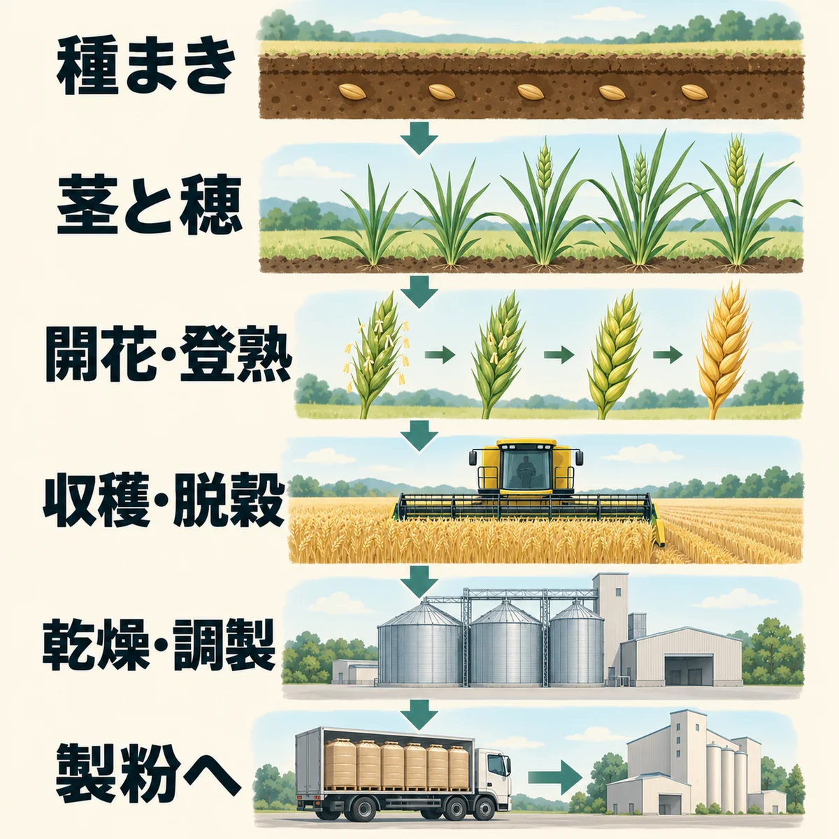 土の中の種、茎と穂、開花登熟、収穫脱穀、乾燥調製、製粉への引き渡しを縦に示すまとめ図
