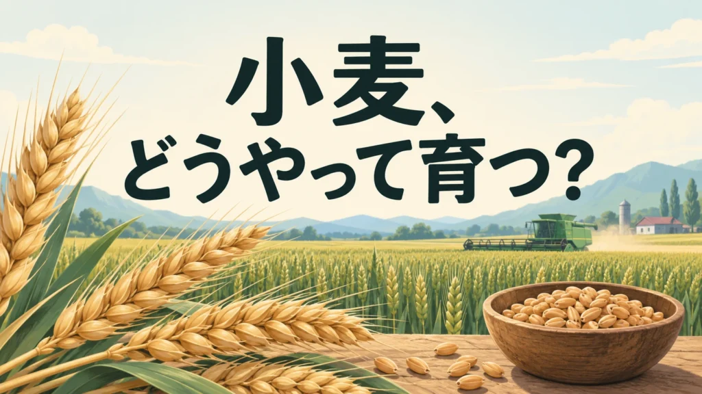 小麦の穂と粒、畑と収穫機を背景に小麦の育ち方を問う編集画