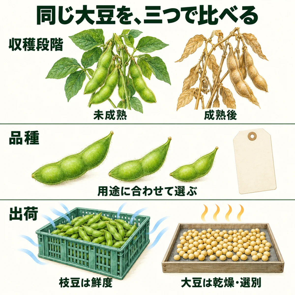 枝豆と大豆を収穫段階、品種、出荷の三つで比較したまとめ図