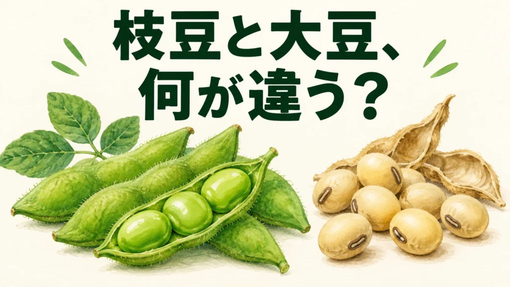 緑の枝豆の莢と成熟した大豆の種子を比べる疑問型アイキャッチ