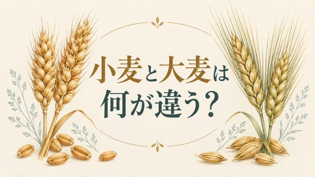 小麦と大麦の穂と粒を並べた疑問型イラスト