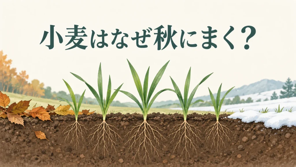 秋の若い小麦株と根、冬の雪の場面を示した疑問型イラスト