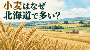 北海道の小麦の産地を問いかける麦畑と収穫機のイラスト