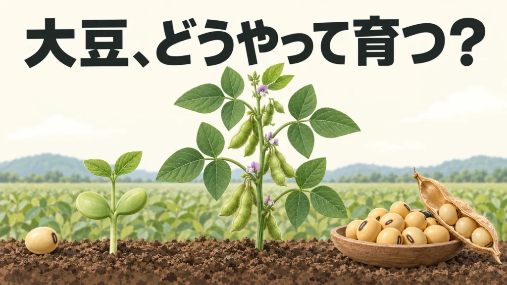 大豆の子葉、地上の莢を付けた株、乾いた豆を並べた疑問型イラスト