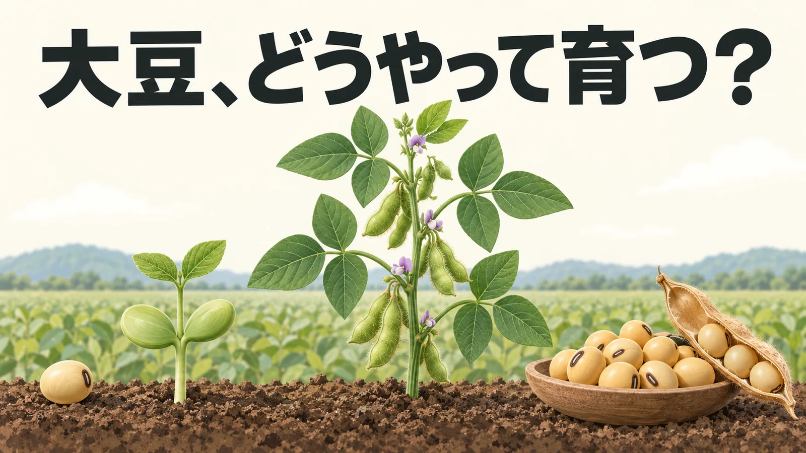 大豆の子葉、地上の莢を付けた株、乾いた豆を並べた疑問型イラスト