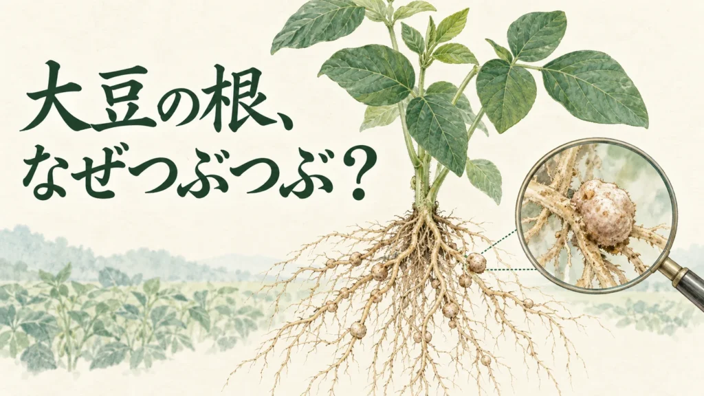 大豆の根につく根粒を虫眼鏡で拡大した疑問型イメージ