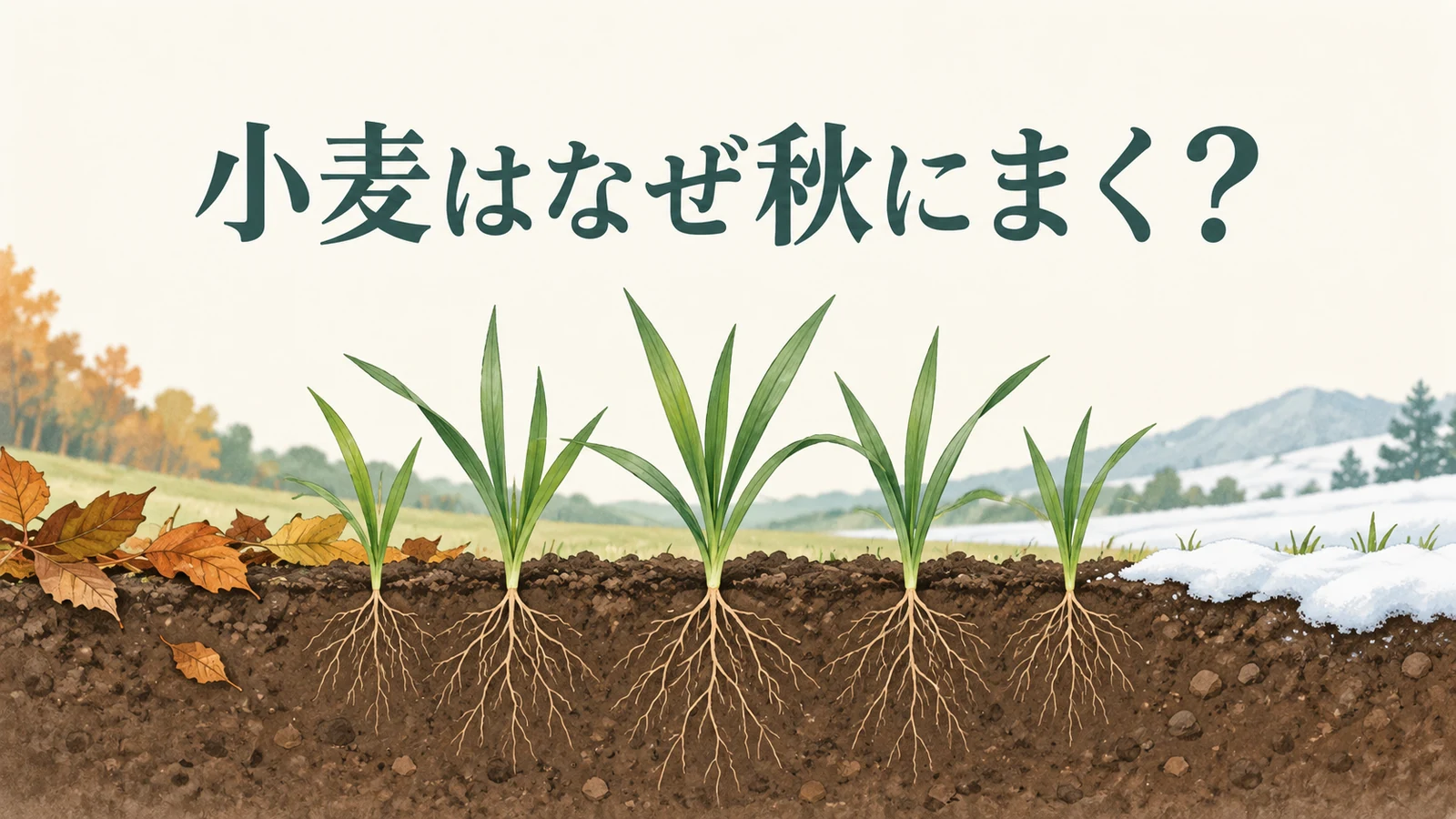 秋の若い小麦株と根、冬の雪の場面を示した疑問型イラスト