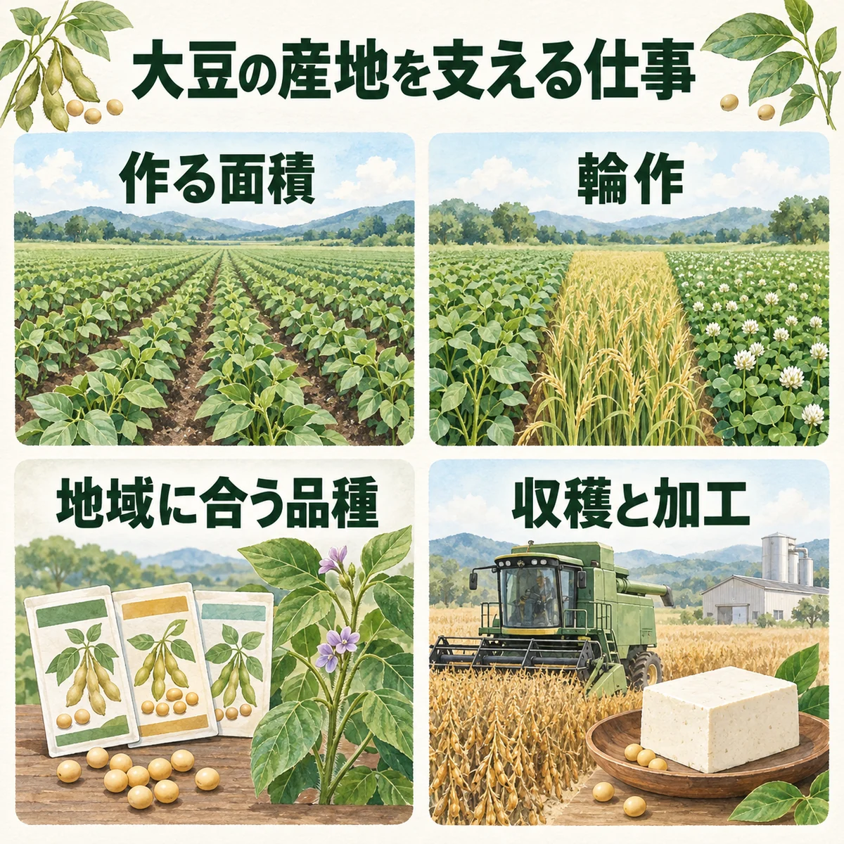 作付面積、輪作、地域向け品種、収穫と加工の4要素