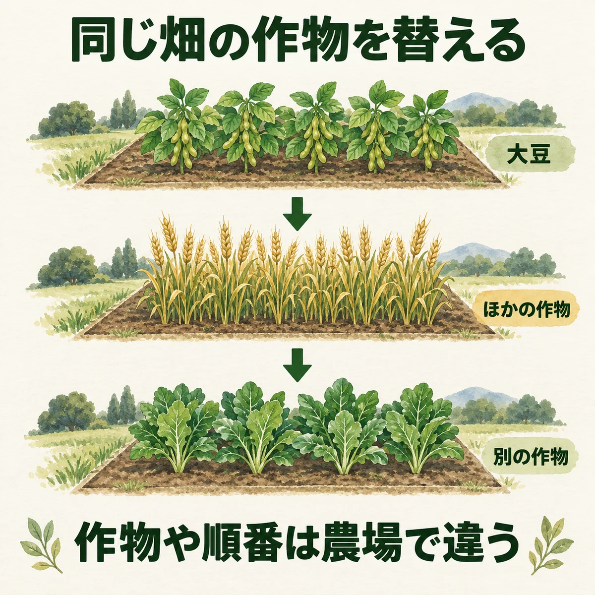 同じ畑で大豆、ほかの作物、別の作物へ替える模式図