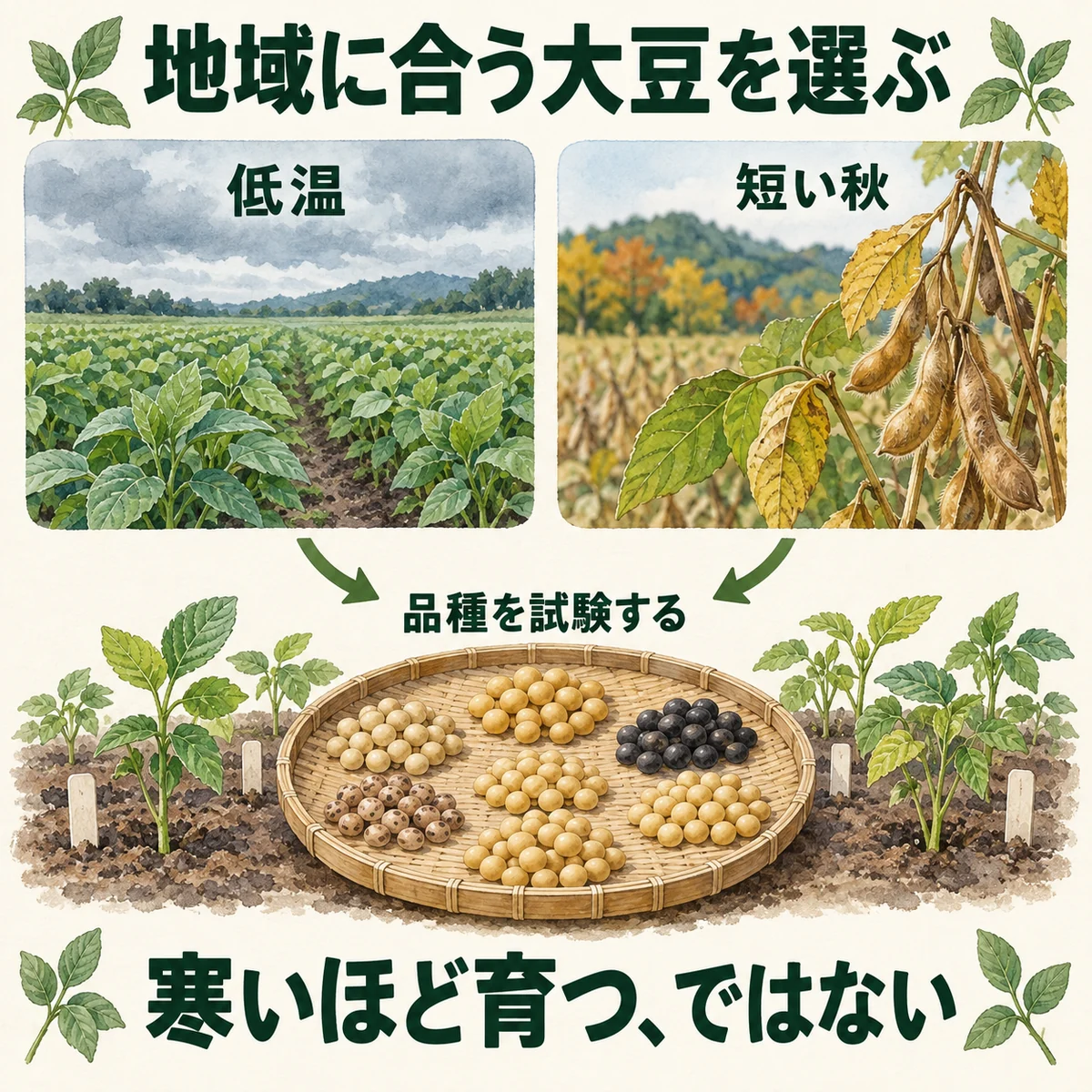 低温や短い秋に対応するため地域向け品種を試験する