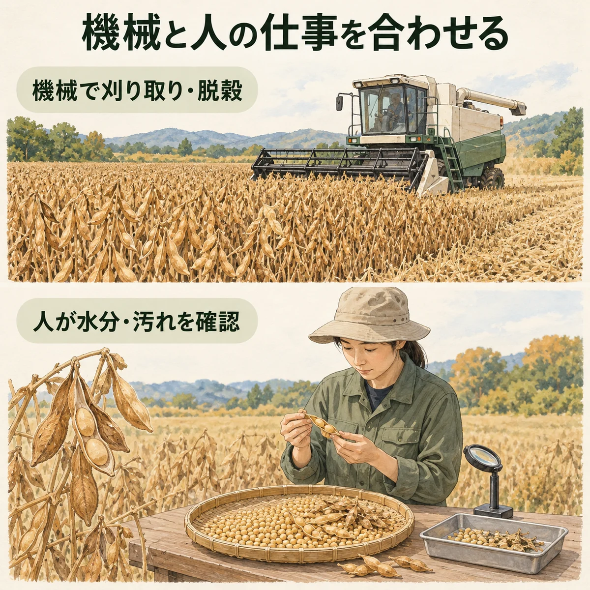 機械で刈り取りと脱穀を行い、人が水分や汚れを確認する