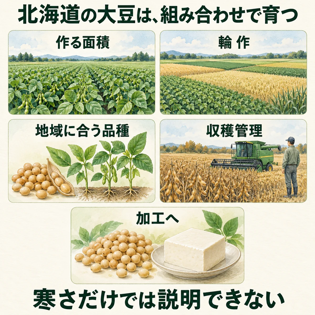 作付面積、輪作、地域向け品種、収穫管理、加工の5条件のまとめ