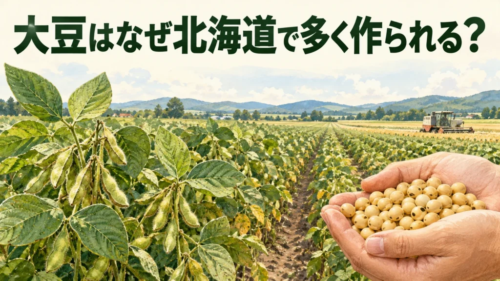 大豆の畑と乾燥大豆を描き、北海道で多く作られる理由を問う