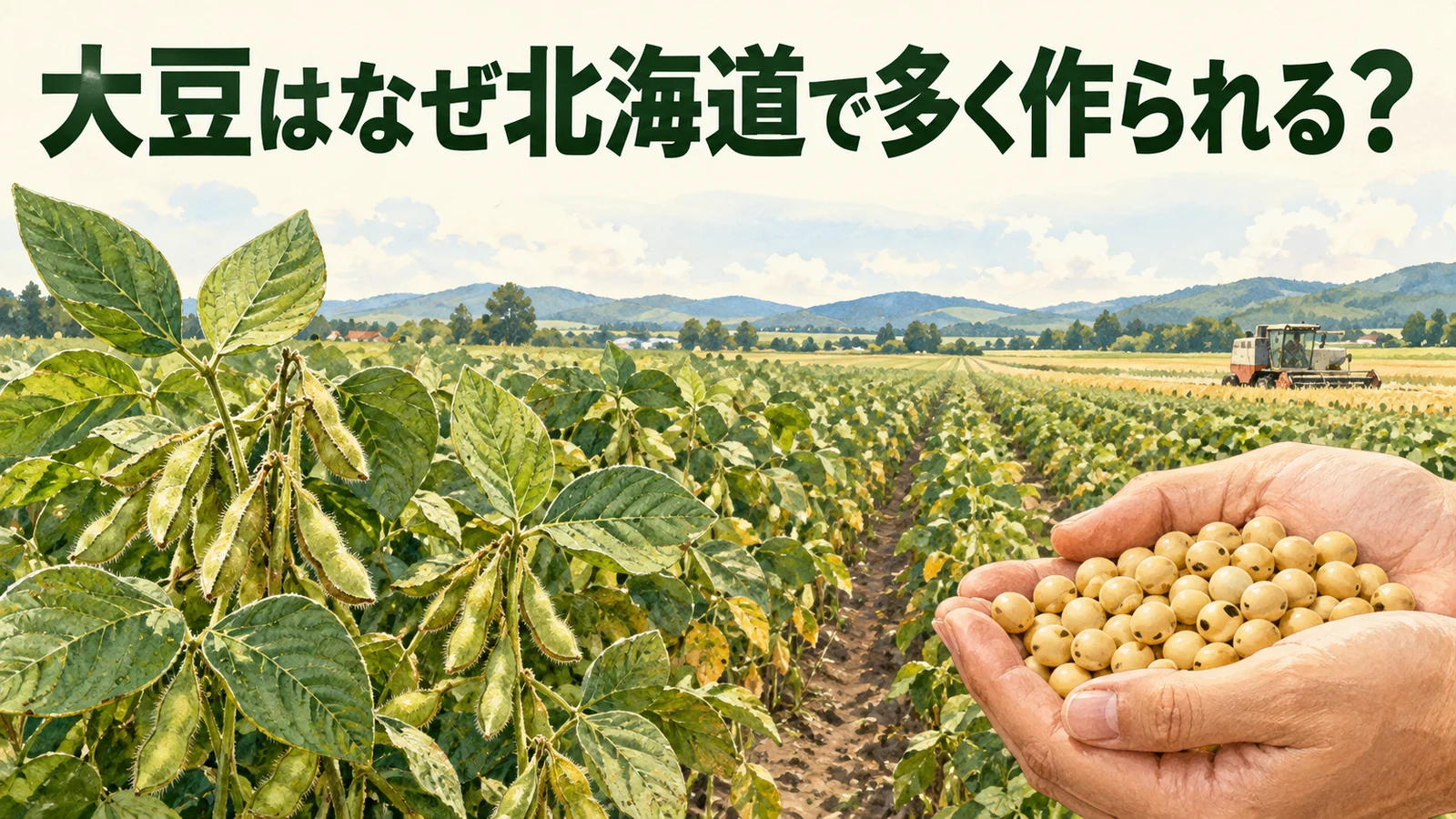 大豆の畑と乾燥大豆を描き、北海道で多く作られる理由を問う